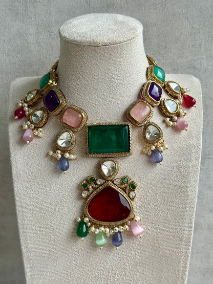 Ayura Designs Lara Set – Statement Multicolour Necklace, Earrings & Tikka with Ruby, Emerald & Pastel Beads