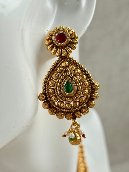 Ayura Designs Ayma Necklace Set with Earrings – Antique Gold Finish with Ruby Pink, Emerald Green & Crystal Detailing