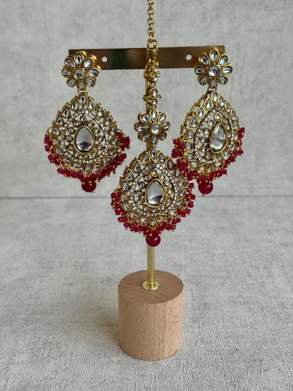Ayura Designs Kirpa Choker Set with Earrings & Tikka – Ruby Red Beads & Mirror-Cut Stones