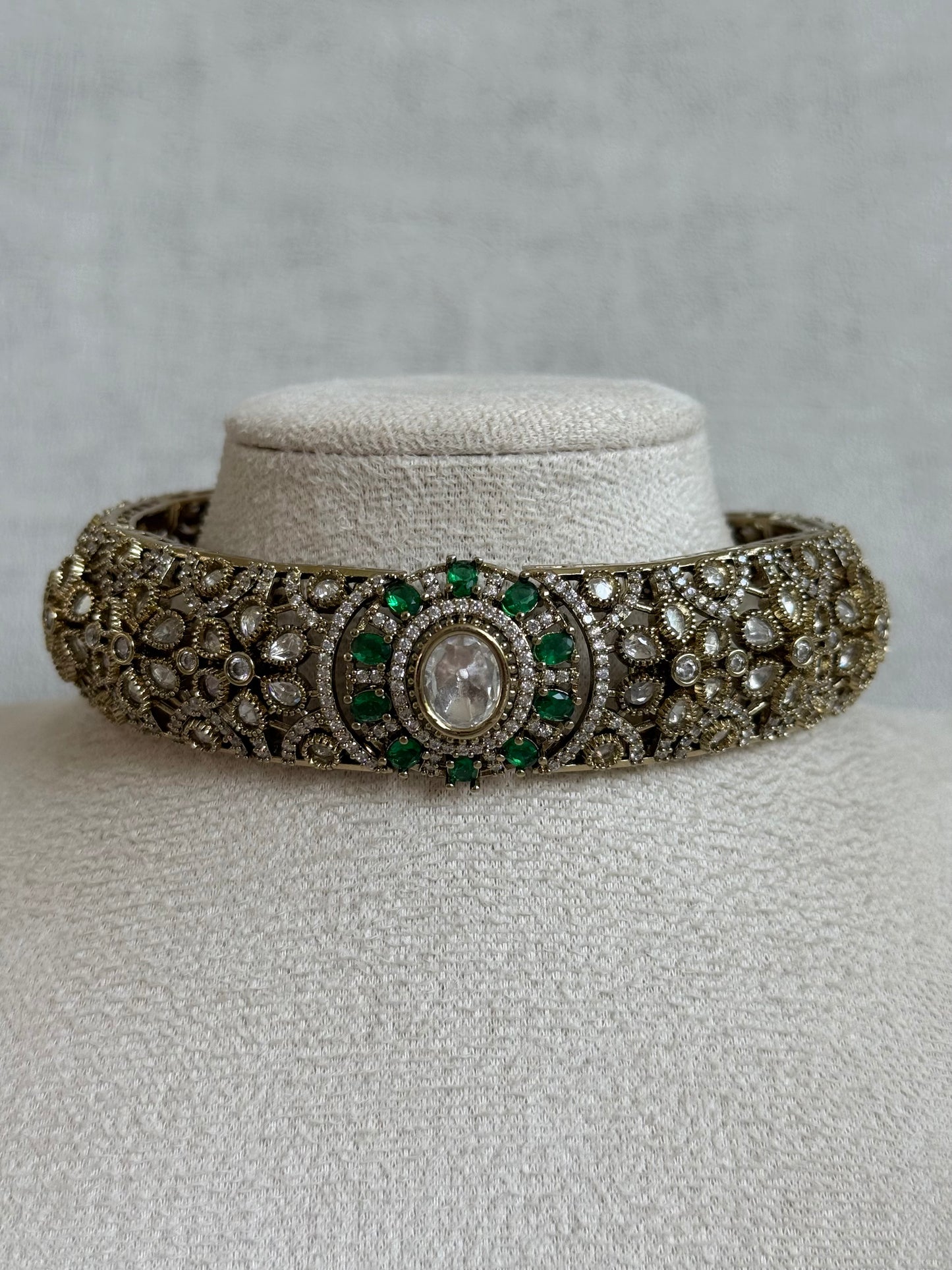Ayura Designs Genevieve Choker Set with Studs – Emerald Green Crystal Kundan in Antique Gold
