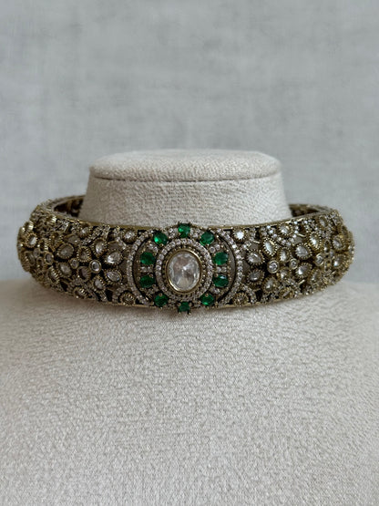 Ayura Designs Genevieve Choker Set with Studs – Emerald Green Crystal Kundan in Antique Gold