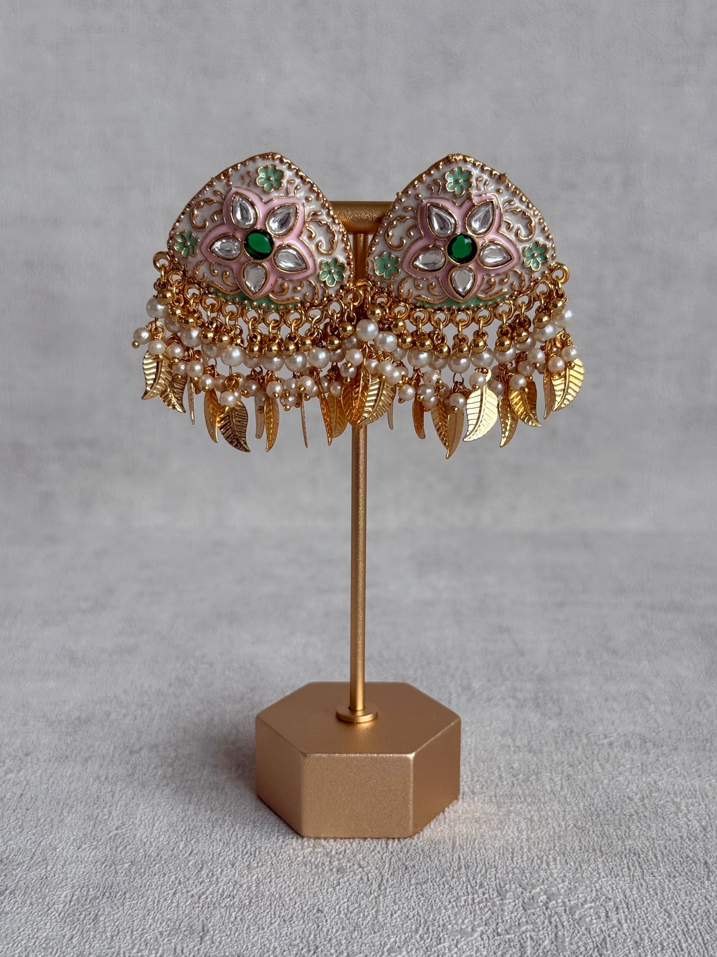Ayura Designs Rozina Earrings – Floral Meenakari Earrings with Emerald Green Centre Stone, Pearl Clusters & Gold Leaf Charms