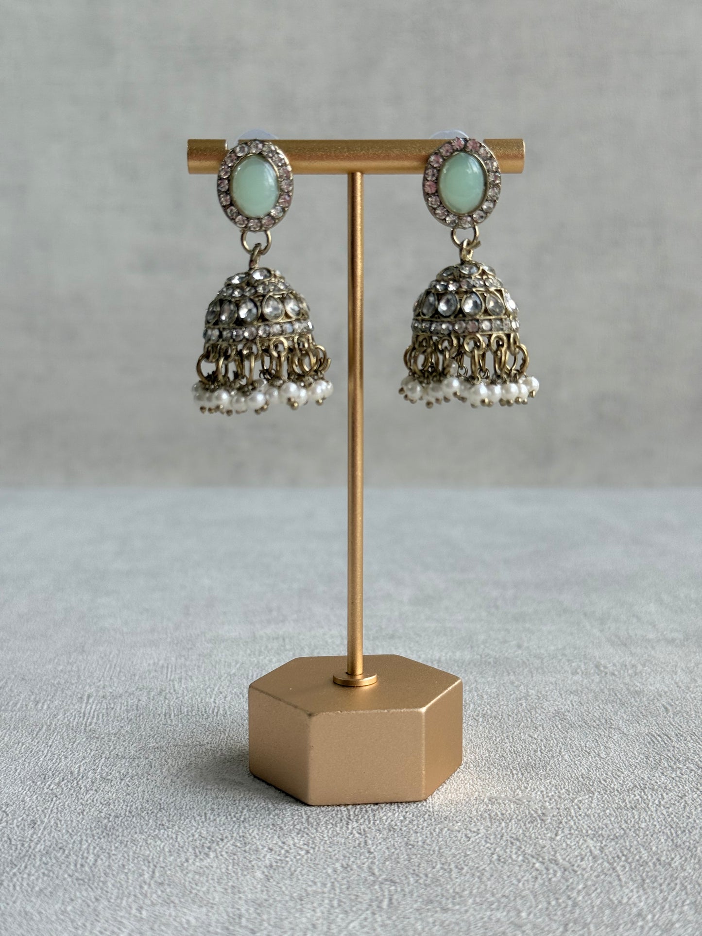 Ayura Designs Eira Necklace Set with Earrings & Tikka – Mint Green & Crystal Stones with Antique Gold Finish