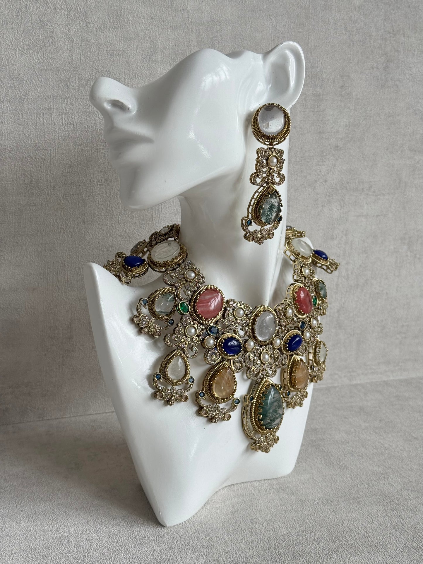 Ayura Designs Kimmy Necklace Set with Earrings – Statement Multicolour Necklace with Marble Stone Details & Crystal Work