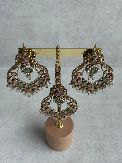 Ayura Designs Damini Tikka Set – Mirror-Cut Kundan Earrings & Tikka with Mint & Blush Enamel and Pearl Detailing