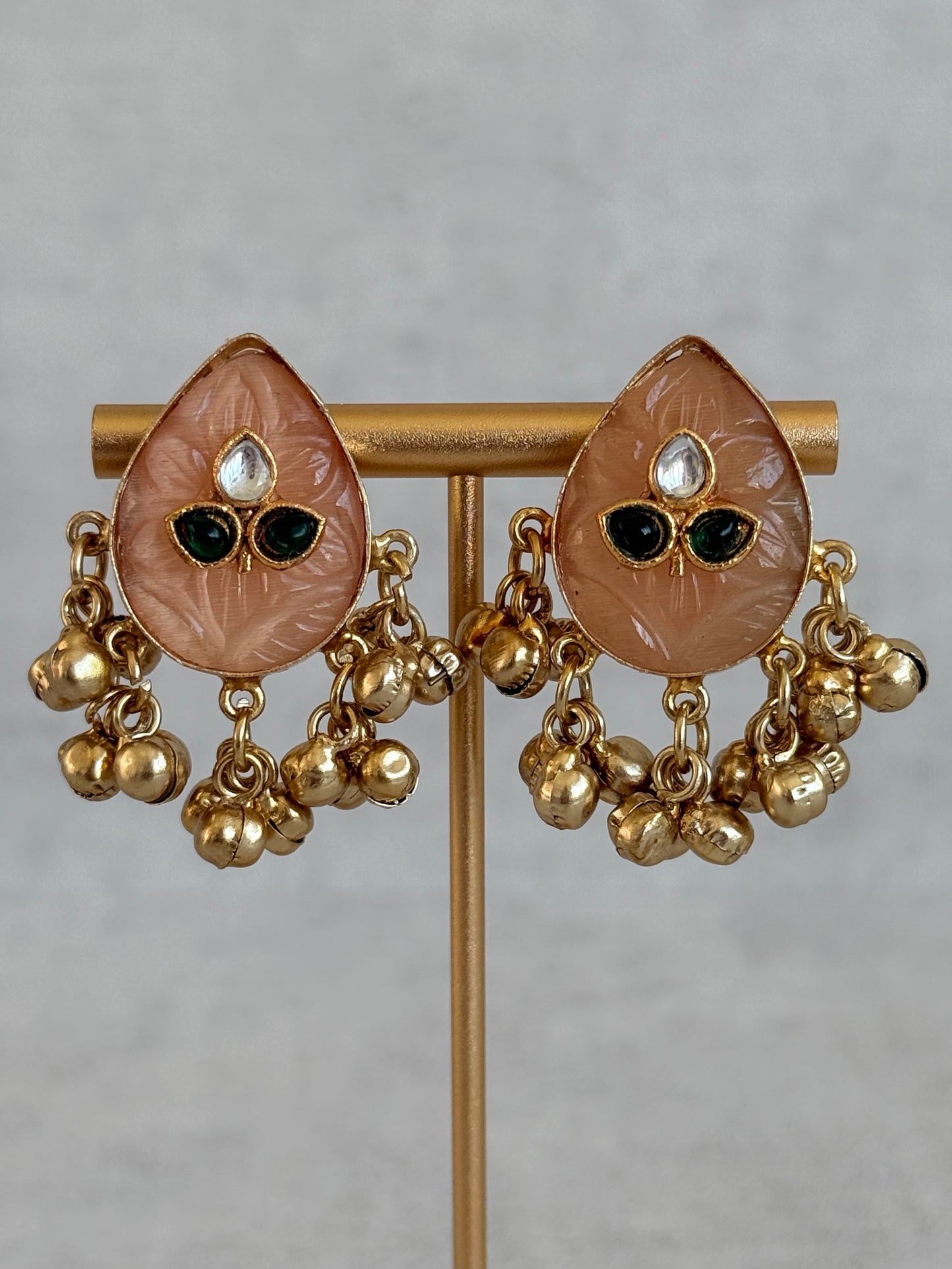 Ayura Designs Aykai Earrings – Champagne Peach Teardrop Stud Earrings with Clear Kundan Stones and Gold Ghungroo Drops