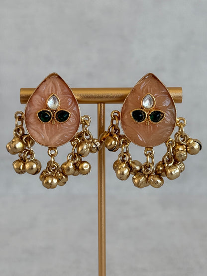 Ayura Designs Aykai Earrings – Champagne Peach Teardrop Stud Earrings with Clear Kundan Stones and Gold Ghungroo Drops