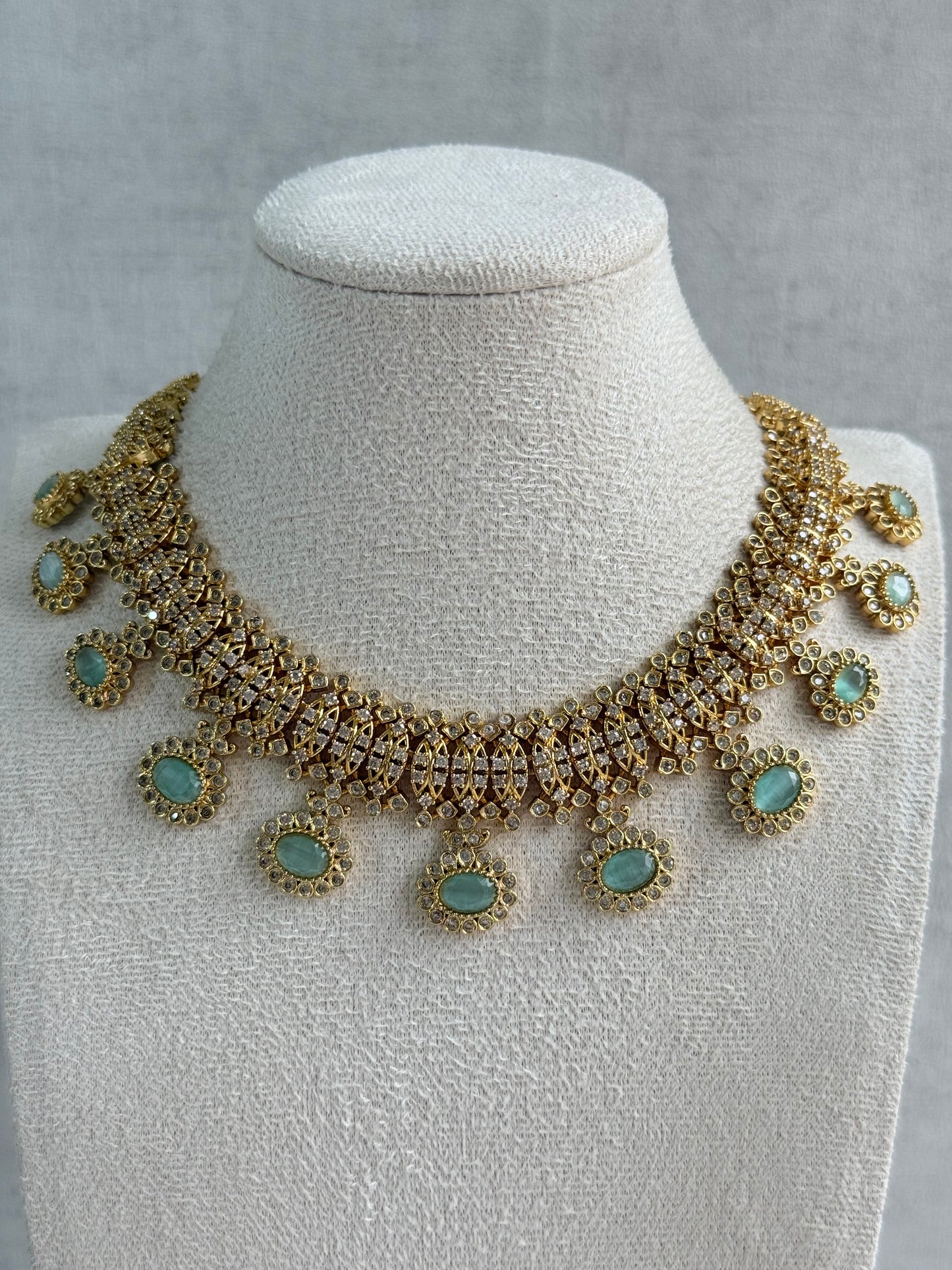 Ayura Designs Elisha Necklace Set with Earrings – Mint Green & Crystal Stone Detailing