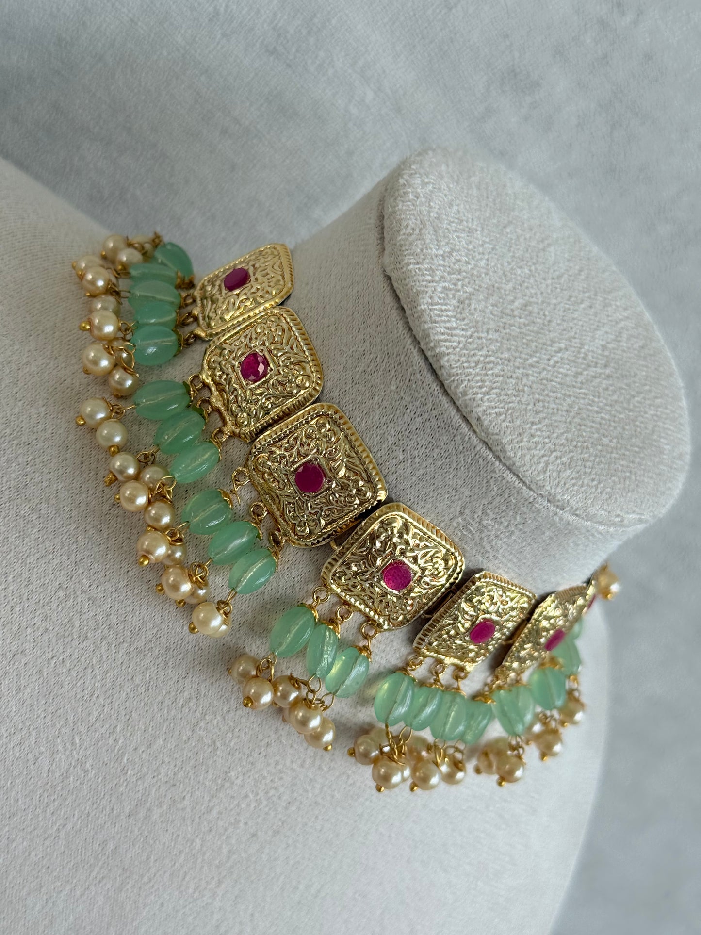 Ayura Designs Chetna Choker Set with Earrings & Tikka – Mint Green Beads, Cream Pearl Drops with Pipal Patti Detailing