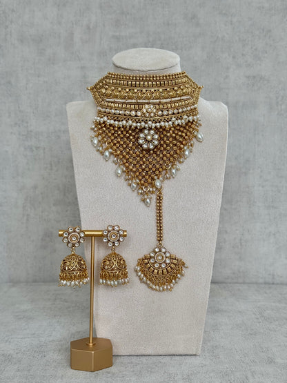 Ayura Designs Zuri Set with Tikka and Jhumkis - Antique Gold, Pearls and Kundan Work