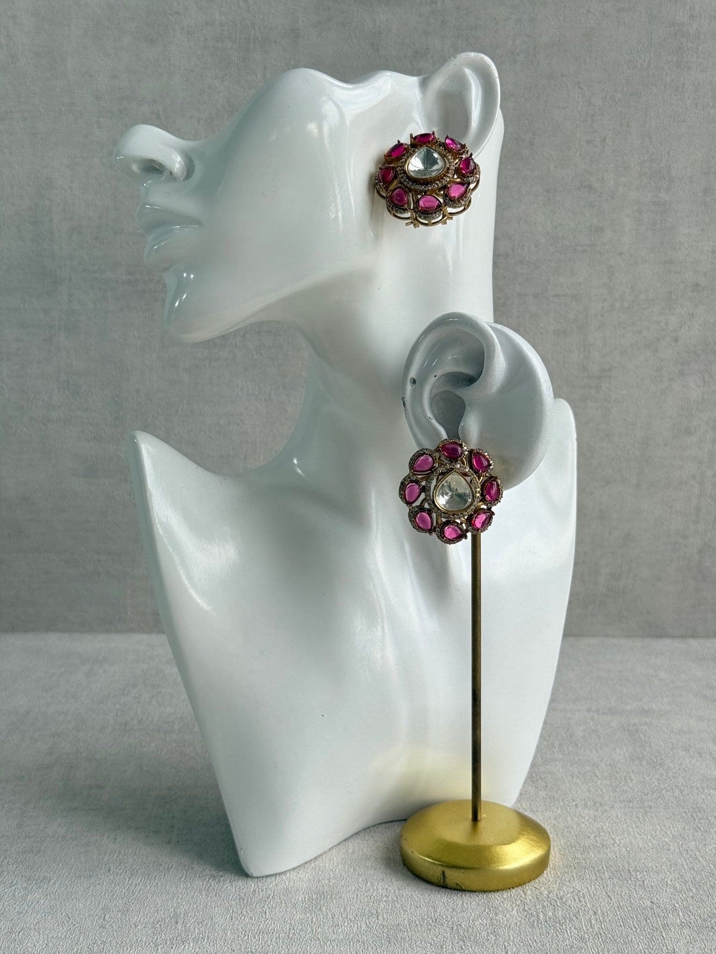Ayura Designs Giana Stud Earrings – Rani Pink & Crystal Kundan with Gold Finish