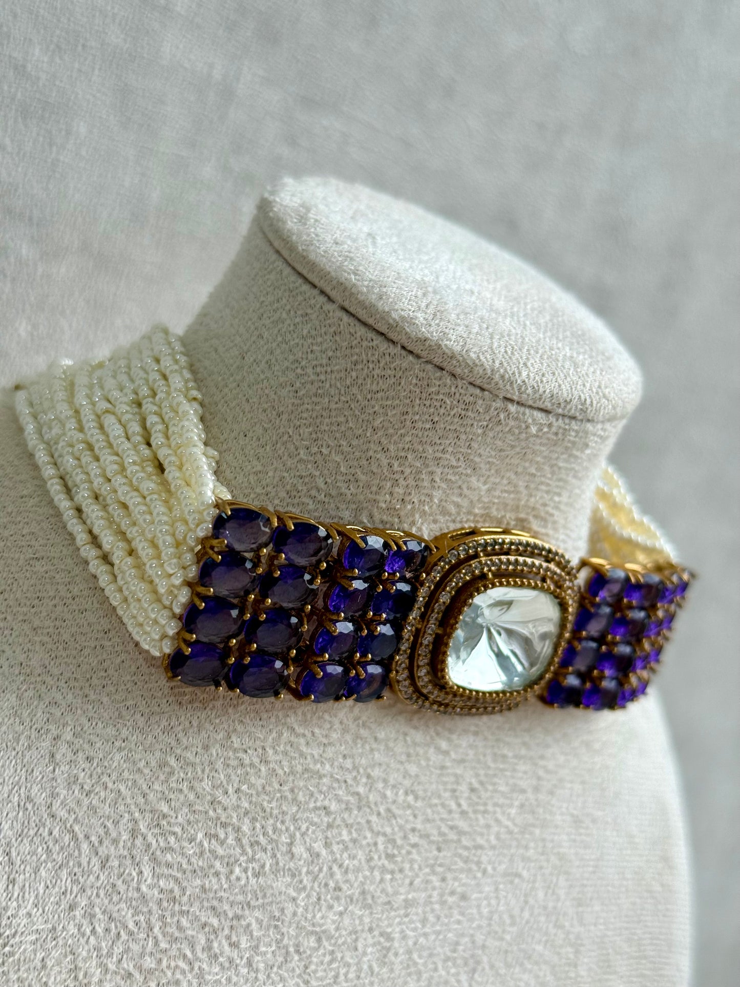 Ayura Designs Emma Choker Set – Deep Violet Gemstone Choker & Studs with Mirror-Cut Centrepiece, Pearl Strands & Crystal Borders