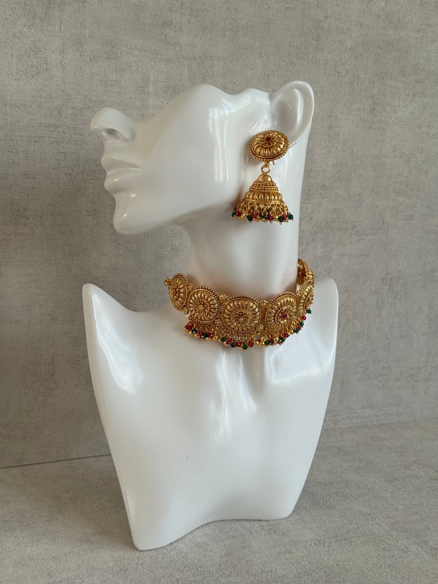 Ayura Designs Nooriya Choker Set with Jhumkis & Tikka – Antique Gold with Ruby, Emerald & Pearl Detailing