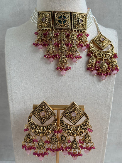 Ayura Designs Samera Choker Set with Earrings & Tikka – Rani Pink & Blush Pink Beads, Green Centre Stone, Floral Motifs & Antique Gold Finish