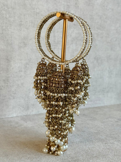 Ayura Designs Arsh Kangan – Pearl Studded Statement Bangles with Jhumki Tassels