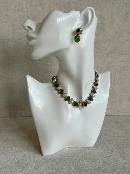 Ayura Designs Eira Set – Necklace, Earrings & Tikka with Emerald Green & Ivory Oval Stones in Antique Gold