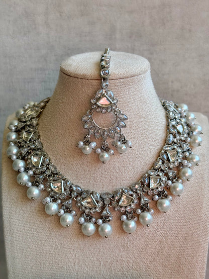 Ayura Designs Fozia Set with Necklace, Jhumkis & Tikka – Mirror-Cut Stones & Pearl Detailing in Silver Finish