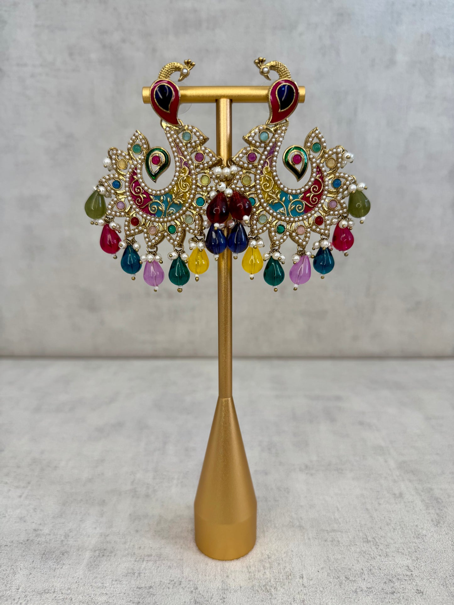 Ayura Designs Moorni Earrings – Peacock-Inspired Chandbalis with Multicoloured Meenakari, Kundan, and Pearl Accents