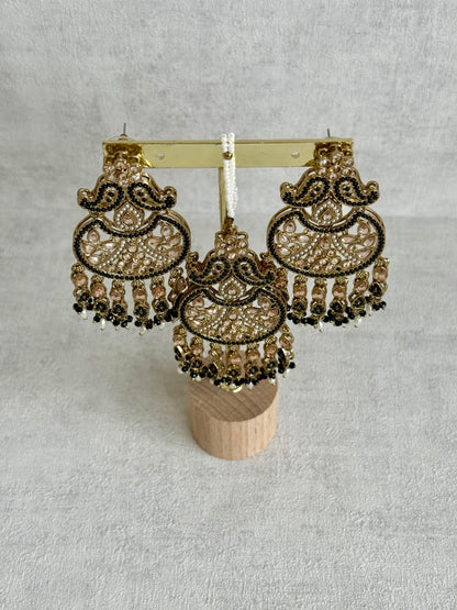 Ayura Designs Anvi Tikka Set with Earrings – Black with Champagne Stones & Pearl Drops