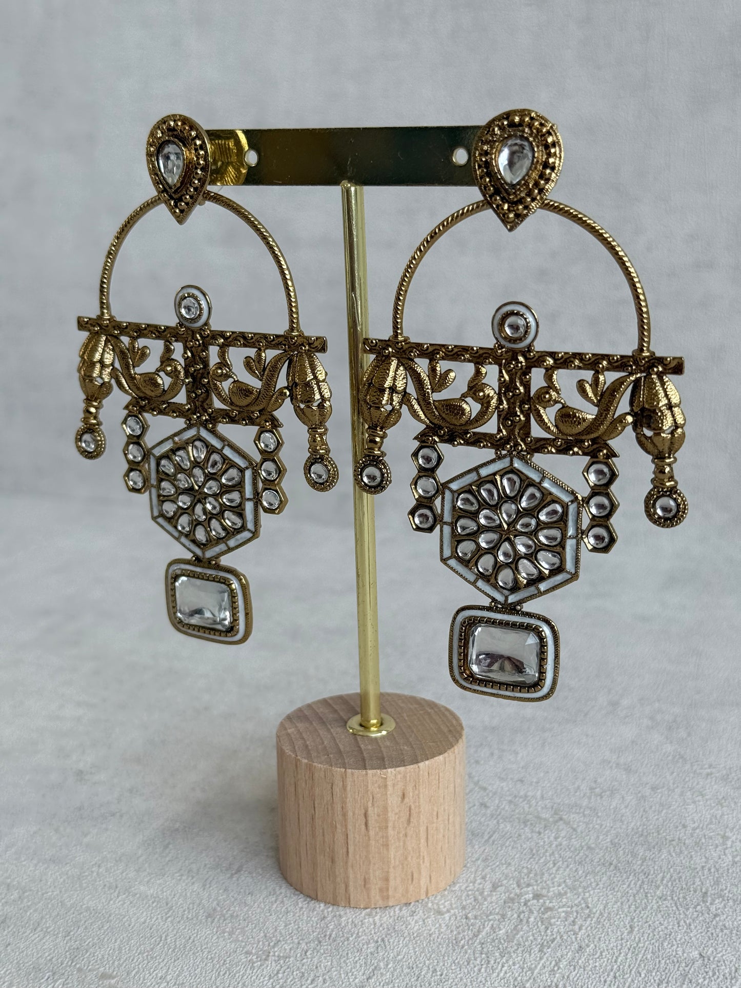 Ayura Designs Irene Earrings – Ivory Kundan, Meenakari & Crystal Peacock Chandeliers in Gold