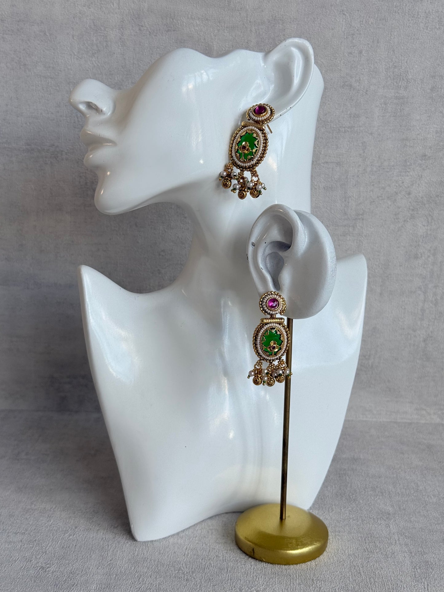 Ayura Designs Enjal Earrings – Emerald Green Enamel, Pearl Beading, Pink Stone & Gold Finish
