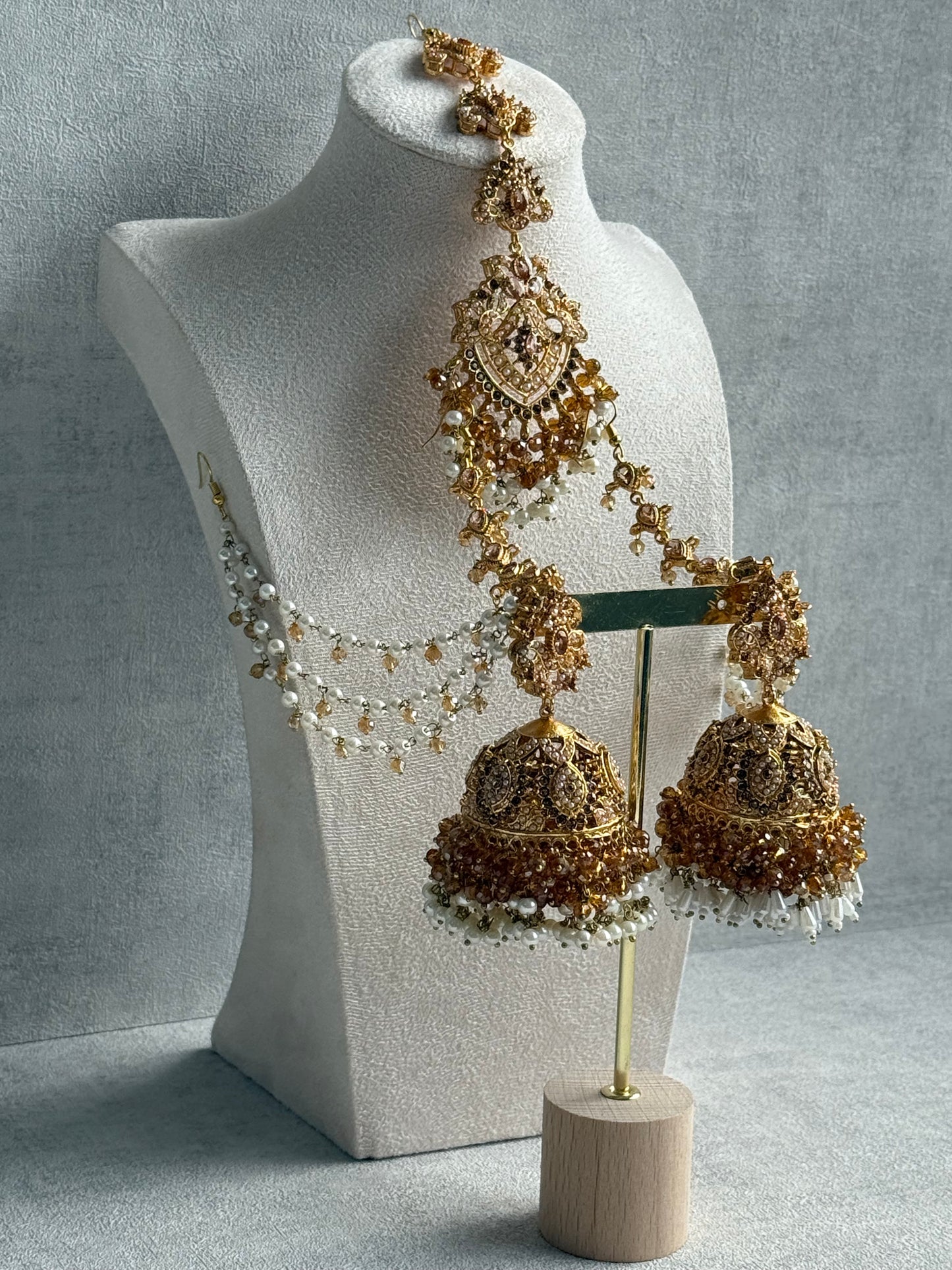 Ayura Designs Safia Tikka Set with Sahare Earrings – Champagne Gold Beads & Pearls