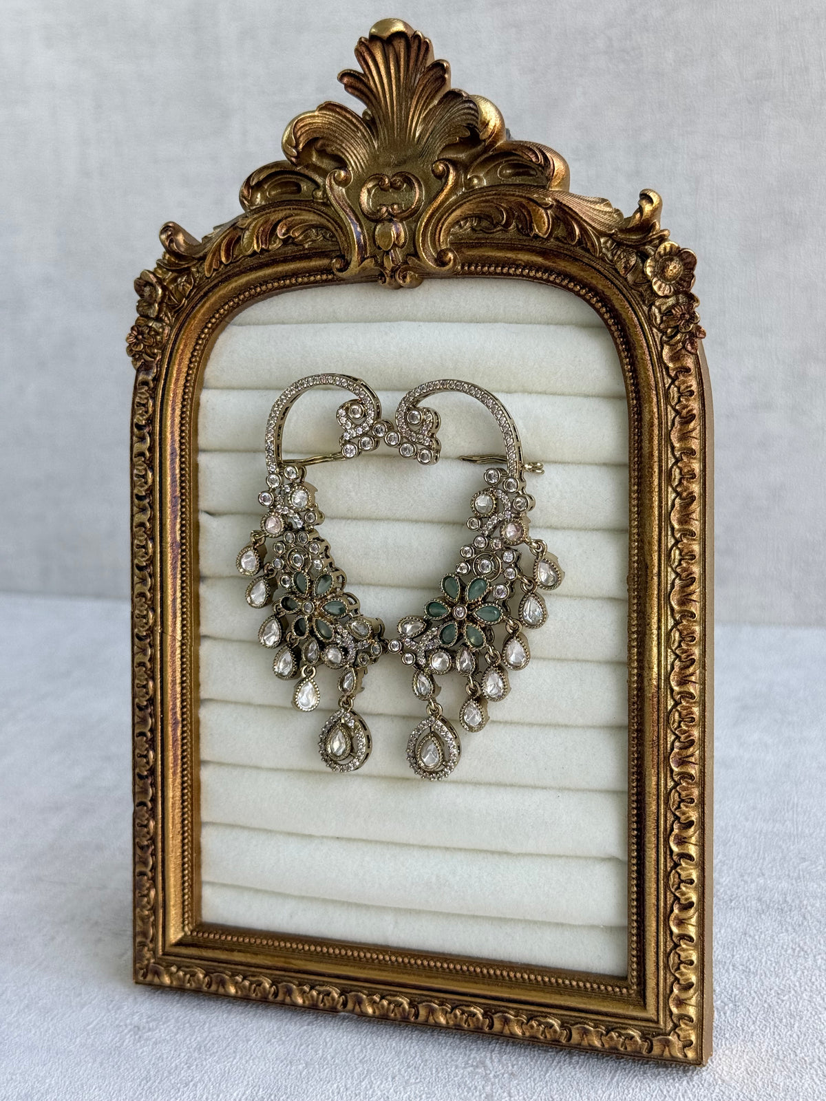 Ayura Designs Aksara Kaanphool Earrings – Mint Green Stones, Kundan, Crystals & Antique Gold Finish