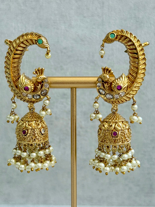 Ayura Designs Mythili Jhumkis – Half Ear Cuffs in Antique Gold with Peacock Design, Pink & Emerald Green Stones and Pearl Drops