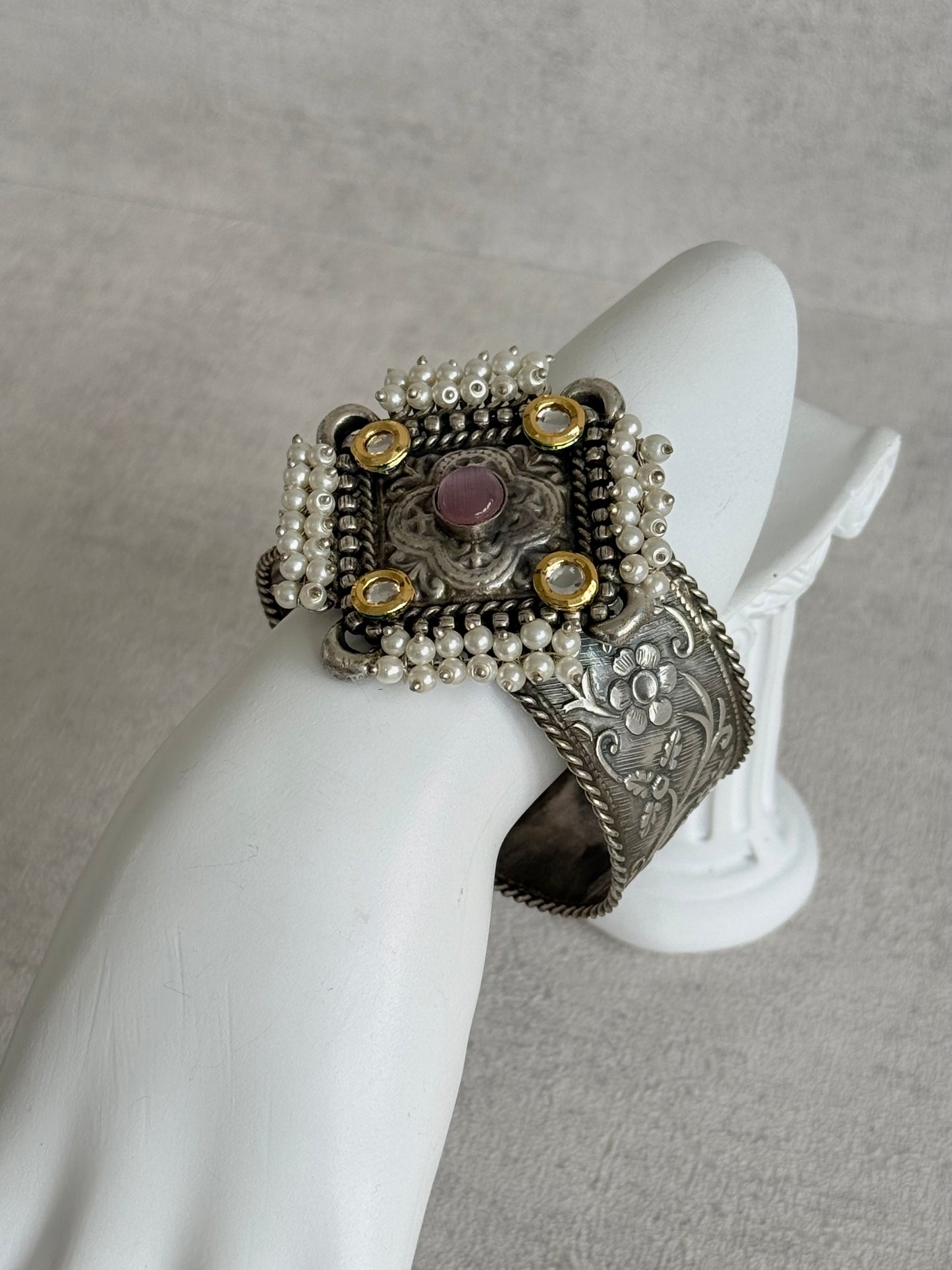 Ayura Designs Suhani Adjustable Kashmiri Cuff Bracelet – Pearl Floral Motif with Pink Stone & Kundan Detailing