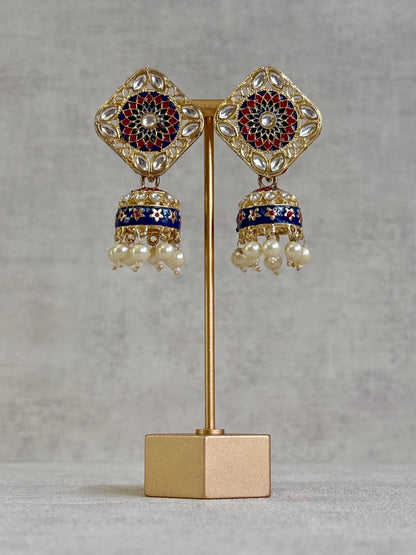Ayura Designs Rangoli Jhumkis – Midnight Blue & Ruby Red Meenakari with Pearl Drops in Antique Gold Finish