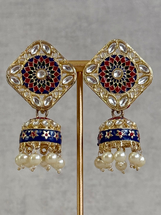 Ayura Designs Rangoli Jhumkis – Midnight Blue & Ruby Red Meenakari with Pearl Drops in Antique Gold Finish