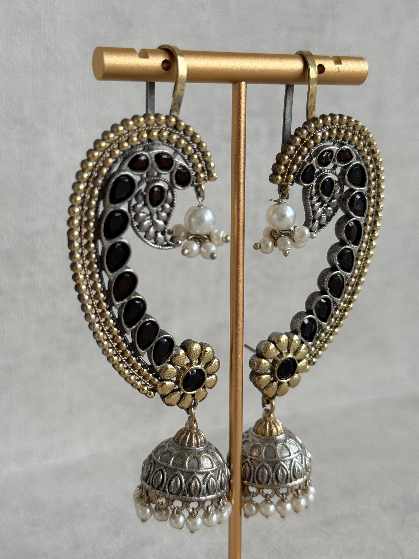 Ayura Designs Koyal Jhumkis – Oxidised Dual Tone Ear Climber Jhumkis with Black Kundan & Pearl Detailing