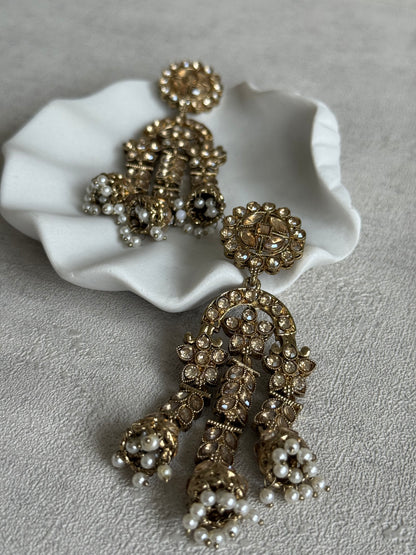 Ayura Designs Soraya Earrings – Champagne Stones, Mirror-Cut Crystals, Pearl Detailing & Gold Finish