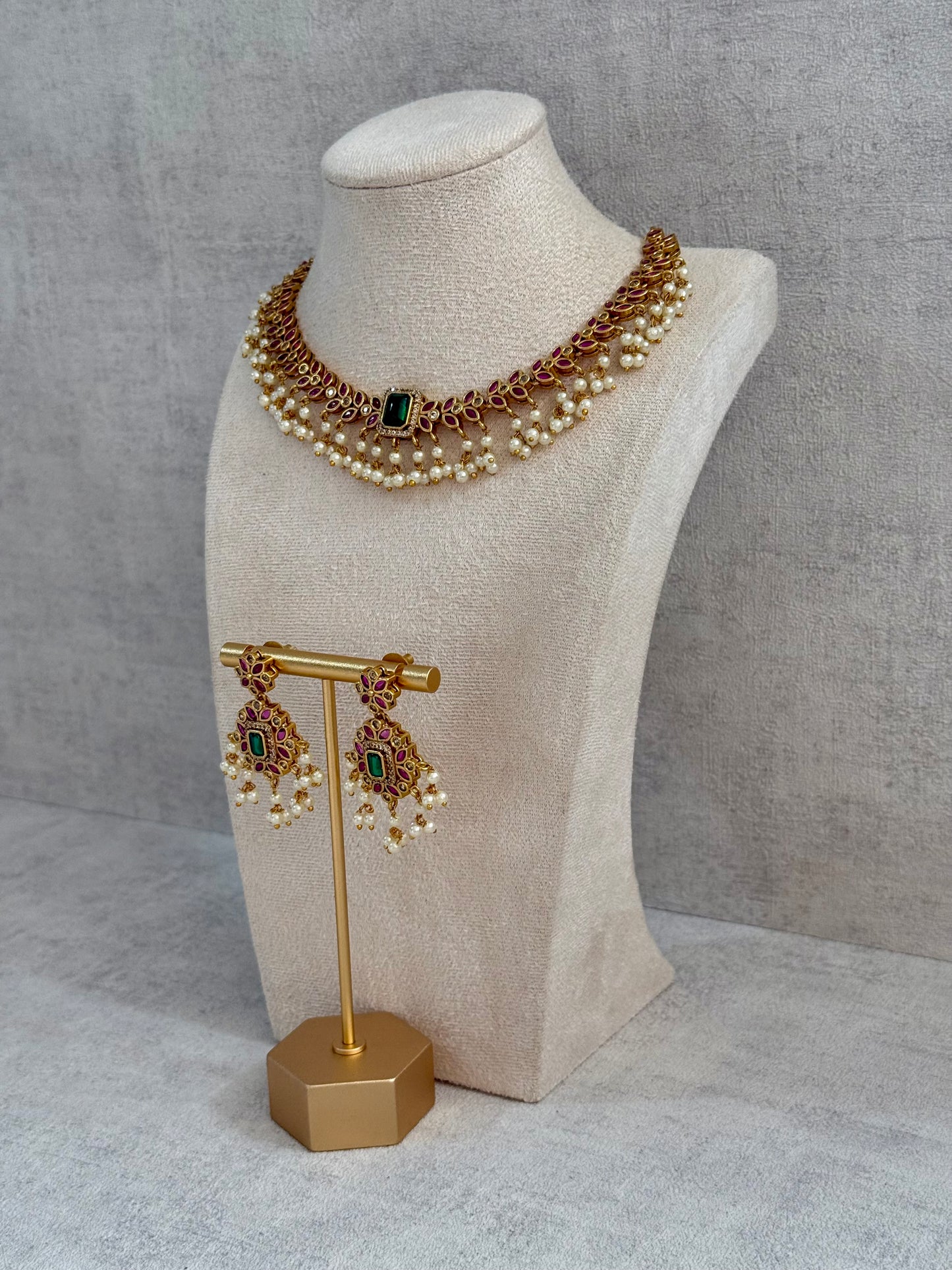 Ayura Designs Chahat Set – Necklace & Earrings with Rani Pink Meenakari, Kundan Stones, Emerald Accents & Pearl Detailing