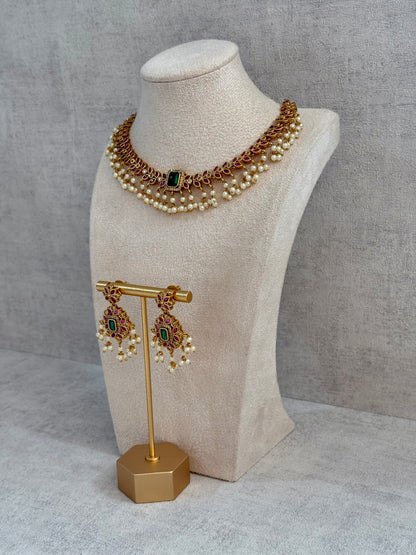 Ayura Designs Chahat Set – Necklace & Earrings with Rani Pink Meenakari, Kundan Stones, Emerald Accents & Pearl Detailing