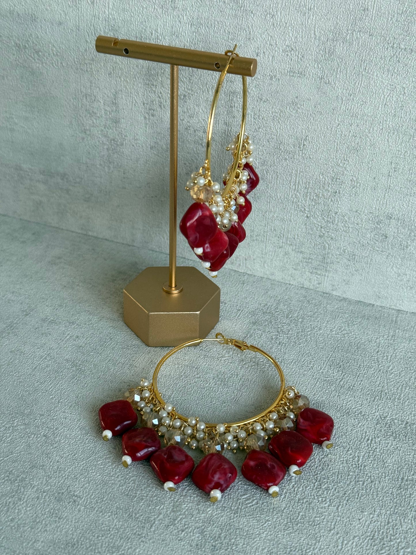 Ayura Designs Heer Balis – Gold Hoops with Ruby Marble Beads, Pearls & Crystal Detailing