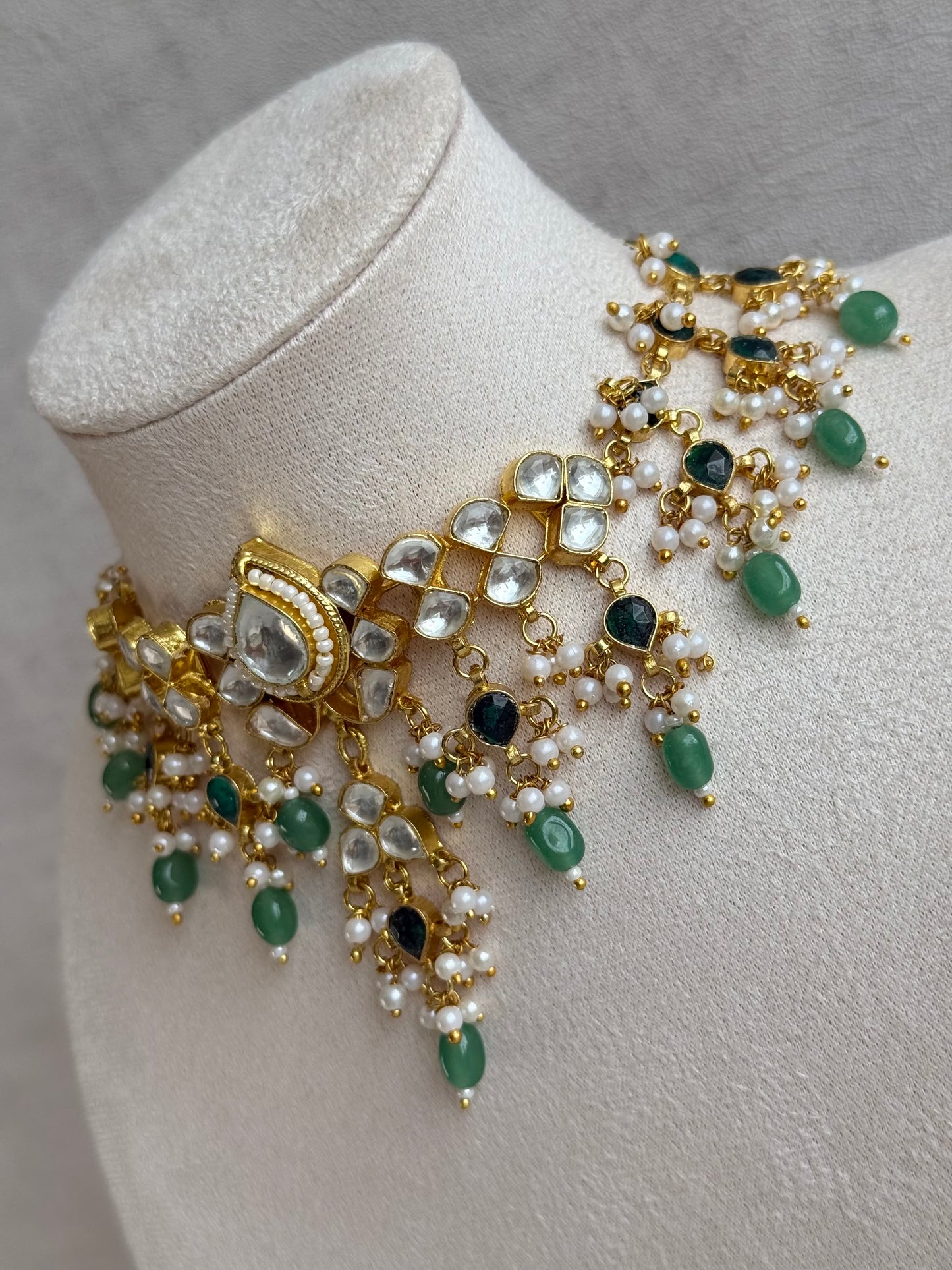 Ayura Designs Naksh Kundan Choker Set with Earrings & Emerald Green Bead Detailing