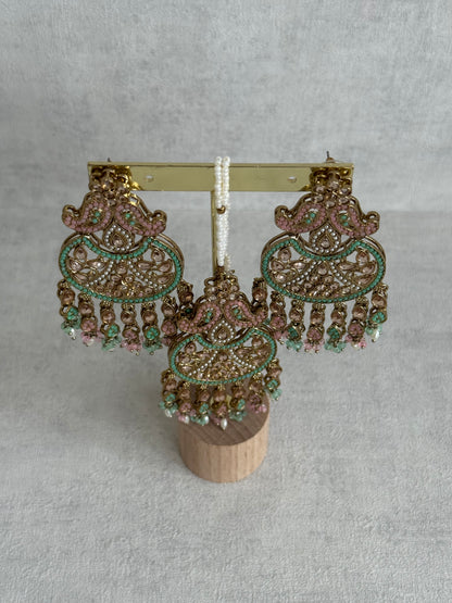 Ayura Designs Anvi Tikka Set with Earrings – Blush Pink & Mint Green with Champagne Stones & Pearl Drops