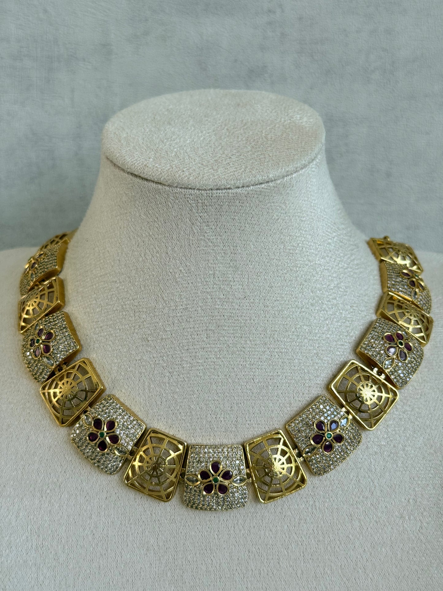 Ayura Designs Vibha Necklace & Stud Earrings Set – Gold Floral Statement Design with Ruby Pink & Crystal Detailing