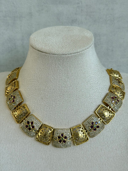 Ayura Designs Vibha Necklace & Stud Earrings Set – Gold Floral Statement Design with Ruby Pink & Crystal Detailing