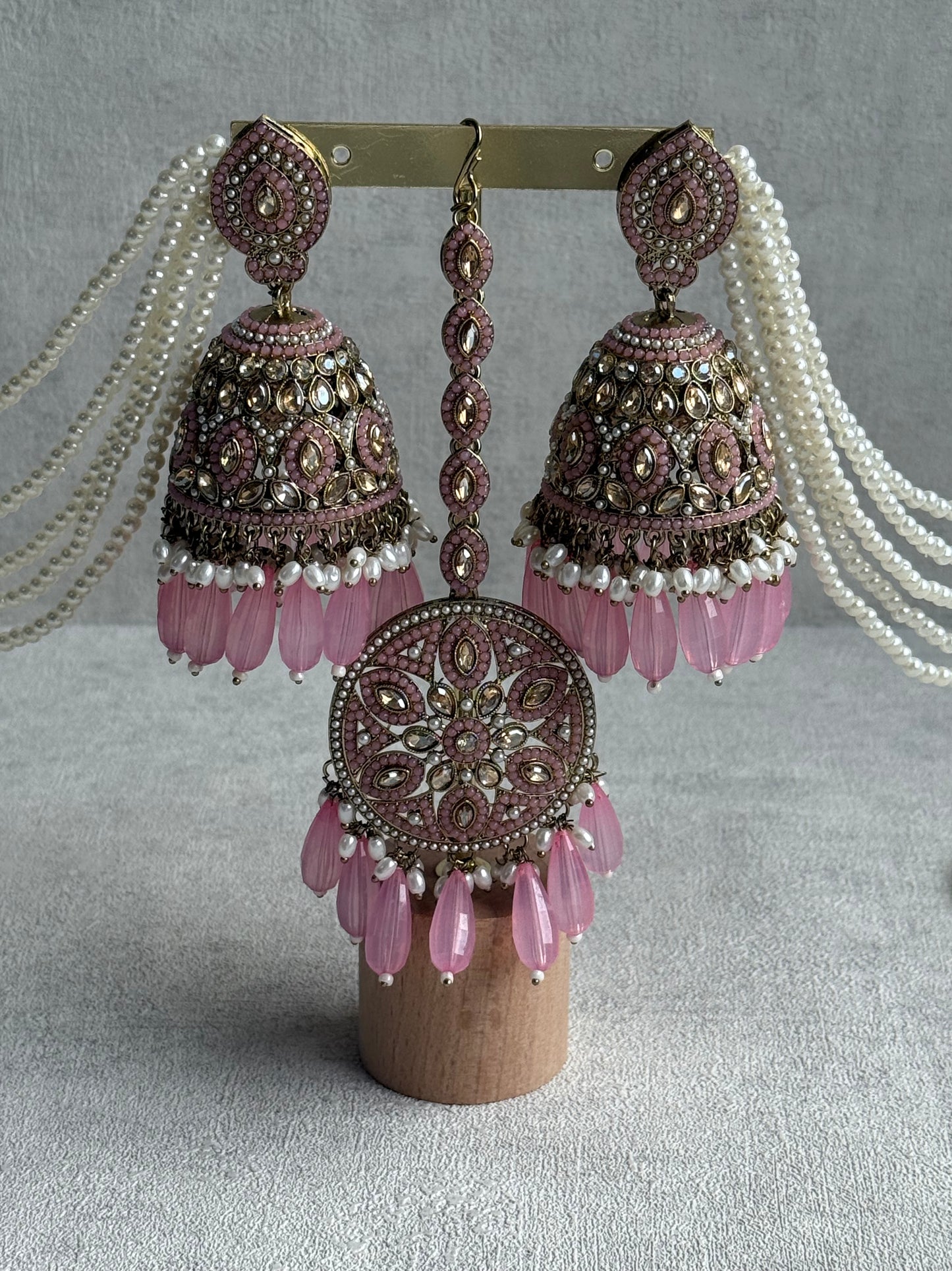 Ayura Designs Amrita Tikka Set – Jhumkis with Sahare & Tikka in Blush Pink, Pearls and Antique Gold Finish