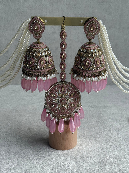Ayura Designs Amrita Tikka Set – Jhumkis with Sahare & Tikka in Blush Pink, Pearls and Antique Gold Finish