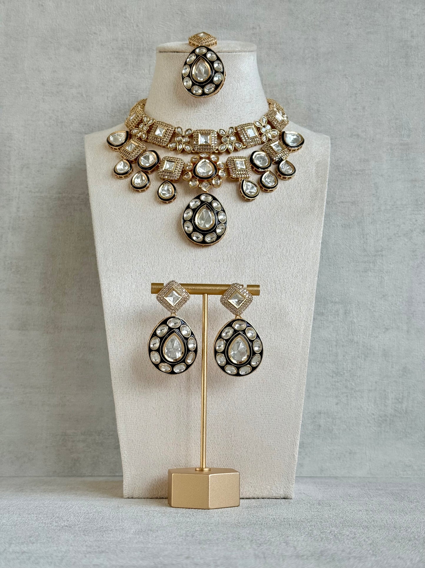 Ayura Designs Avani Set with Earrings & Tikka – Mirror-Cut Stones with Deep Blue Enamel Detailing & Crystal Borders
