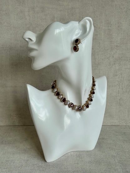 Ayura Designs Eira Set – Necklace, Earrings & Tikka with Ruby Red & Ivory Oval Stones in Antique Gold