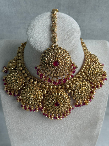 Ayura Designs Rummy Set – Statement Necklace, Earrings & Tikka with Rani Pink Beads and Polished Gold Finish