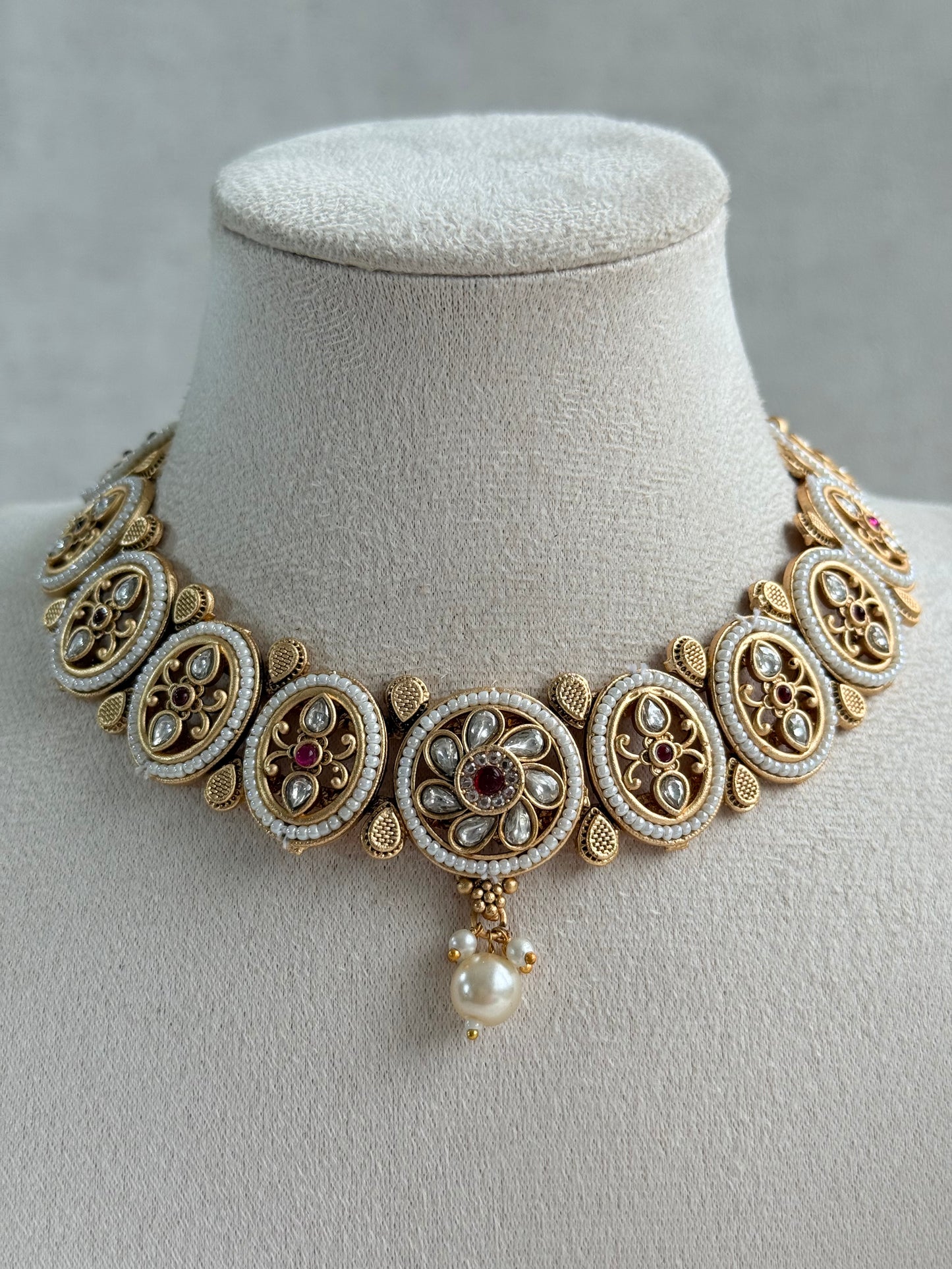 Ayura Designs Laina Necklace Set with Jhumkis – Kundan & Rani Pink Stones, Pearls & Antique Gold Finish