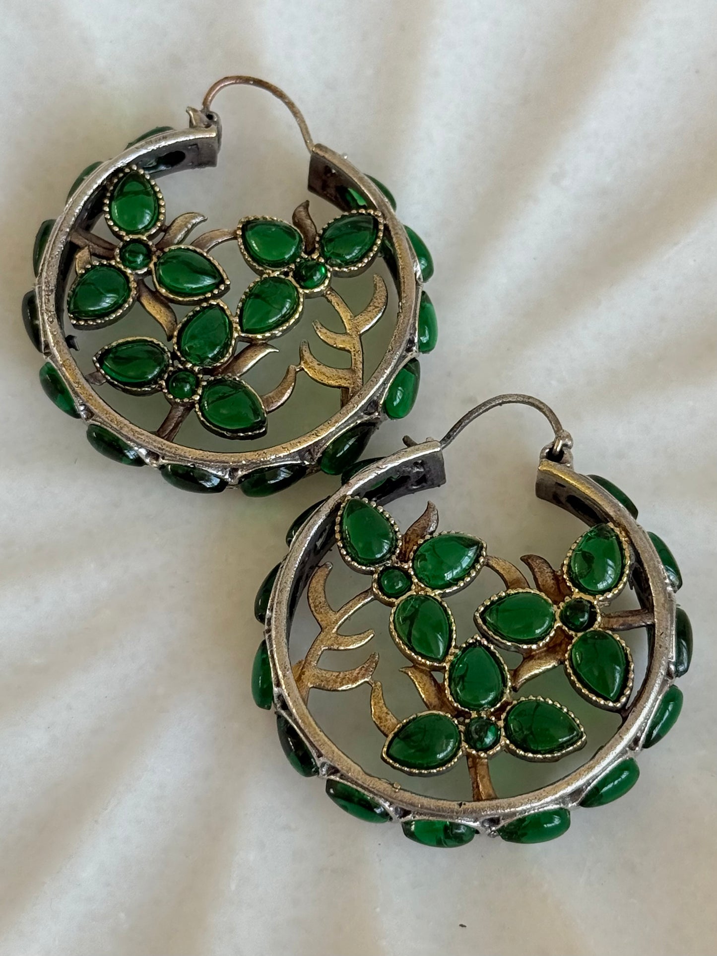 Ayura Designs Nureh Earrings – Dual Tone Floral Hoop Earrings with Emerald Green Stones & Cutwork Detailing