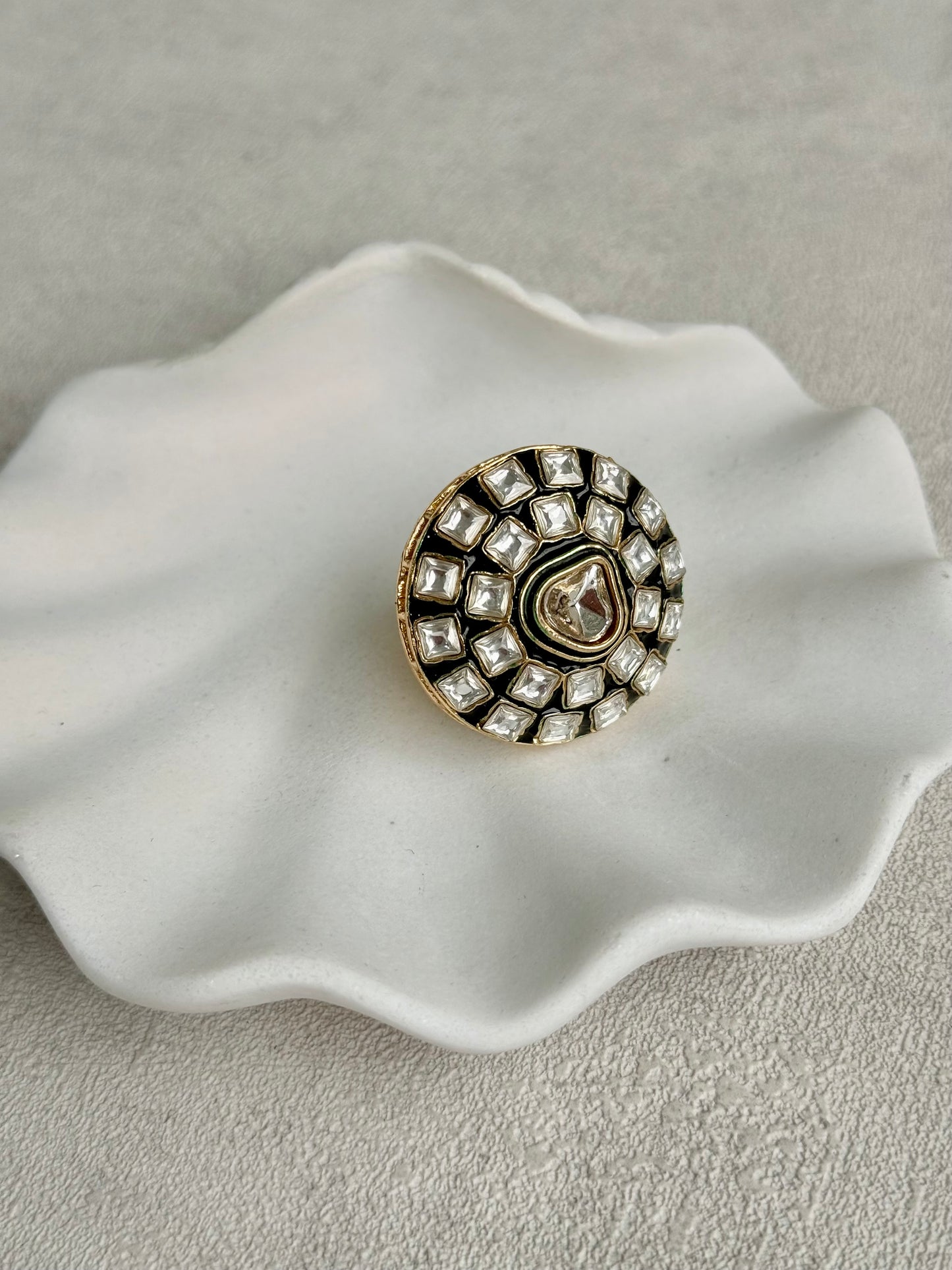 Ayura Designs Zaib Adjustable Ring – Mirror-Cut Stone with Green Enamel & Crystal Detailing