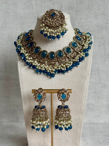 Ayura Designs Zubi Set with Jhumkis & Tikka – Deep Blue Stones, Pearl Detailing & Antique Gold Finish
