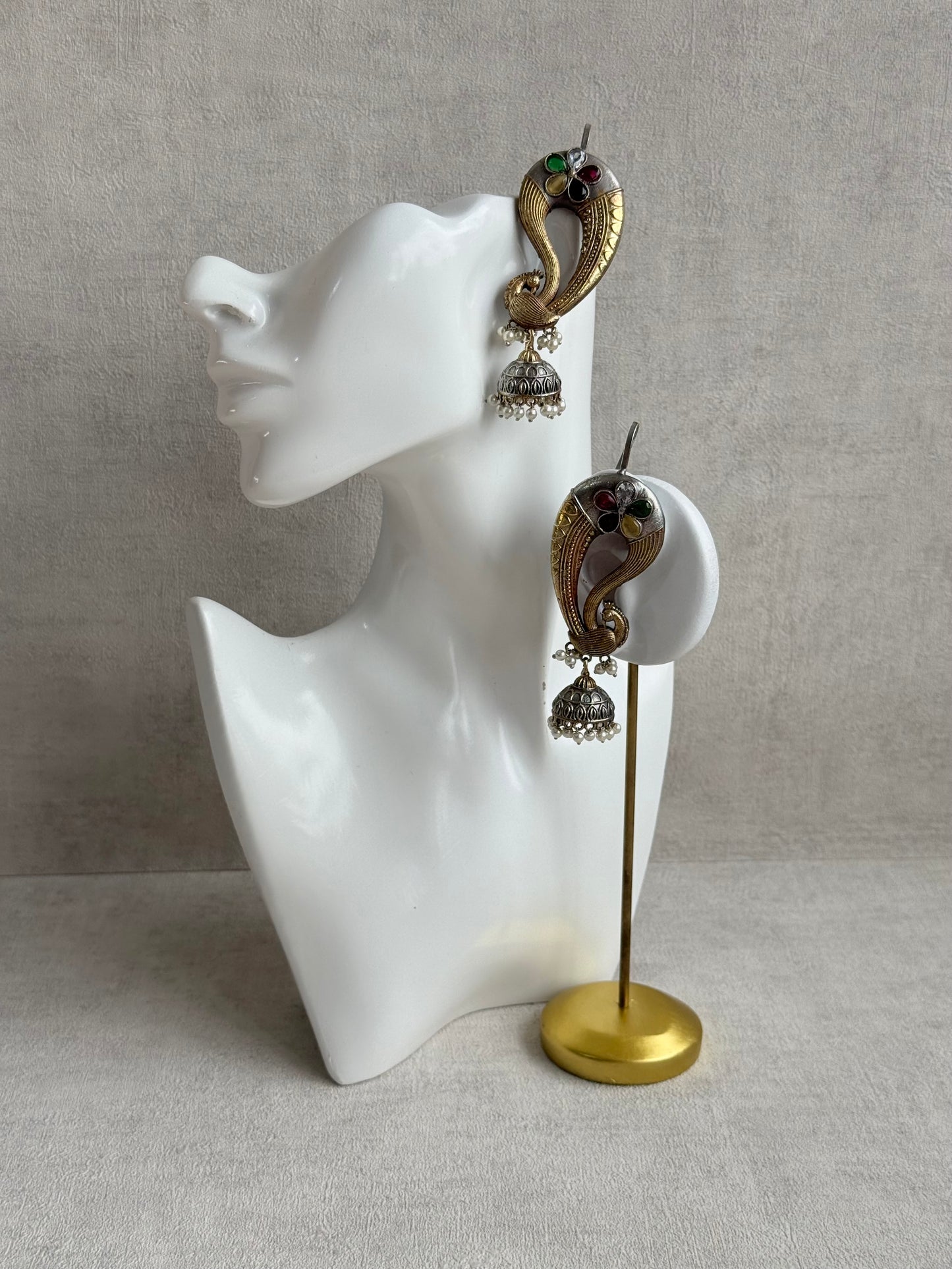 Ayura Designs Moorni Earrings – Dual Tone Oxidised Peacock Ear Climbers with Multicolour Stones & Pearl Jhumki Drops
